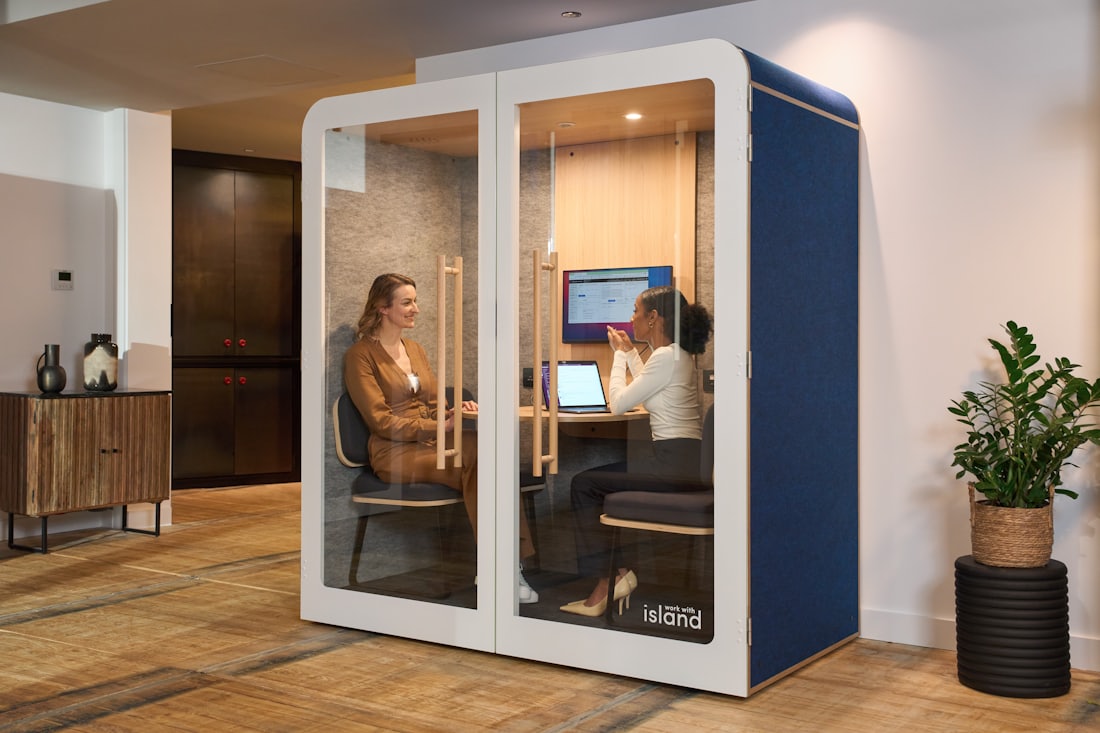 Two colleagues working together at a screen inside a two-person acoustic office pod
